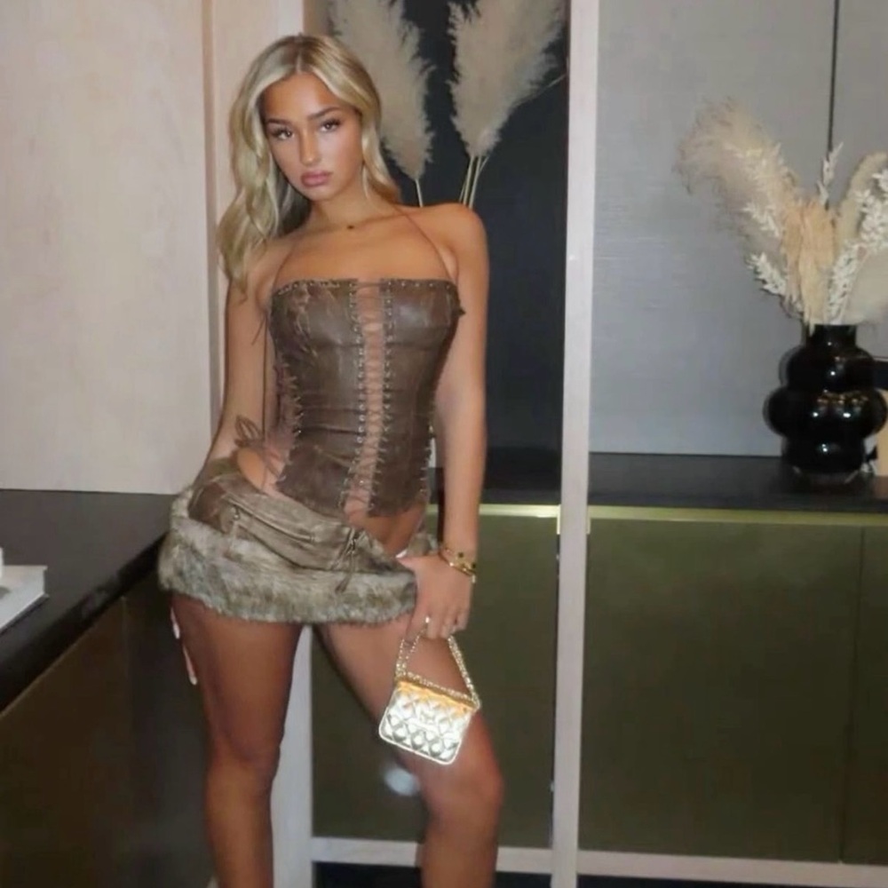 Jaded London Brown Corset & Skirt Set with Fur Detail